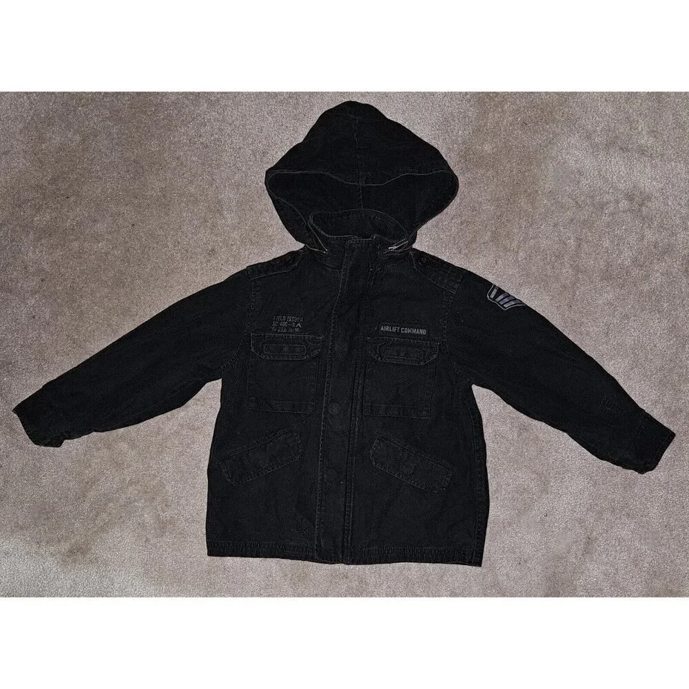 Old Navy Black Denim Jacket Full Zip Hooded Boys XS Airlift Command Halloween
